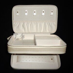 Compact Double Layer Jewelry Storage Organizer Box Portable Beige Travel Case